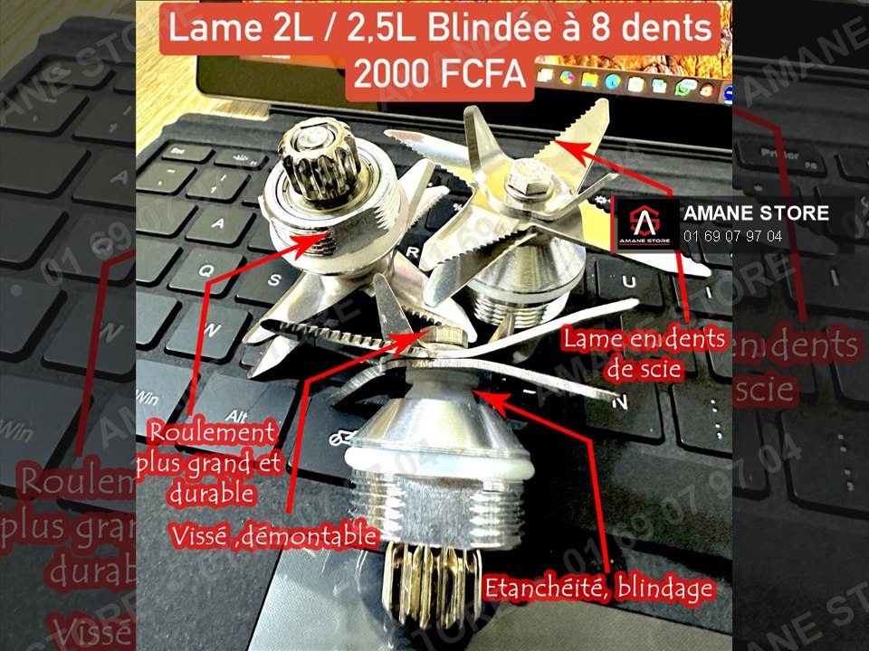 Lame blindée 8 dents en inox, avec ses points forts annotés : roulement, vis, étanchéité, dents de scie